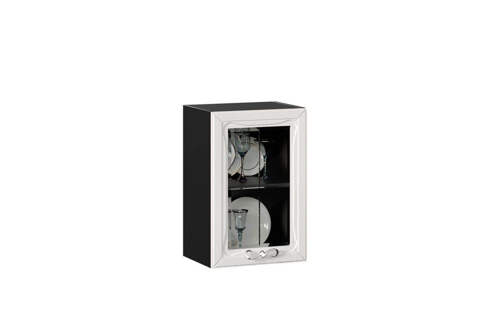 фото Бьянка Шкаф кухонный 400 низкий со стеклом (Чёрный/Дуб фактурный белый)
