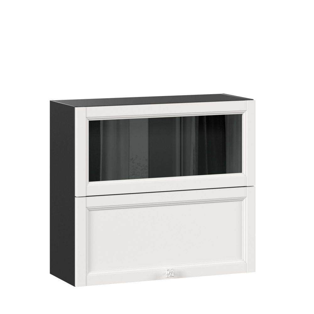 фото Джулия Шкаф кухонный 800 горизонтальный с 2 складными дверями комбинированный со стеклом (Чёрный/Белый)