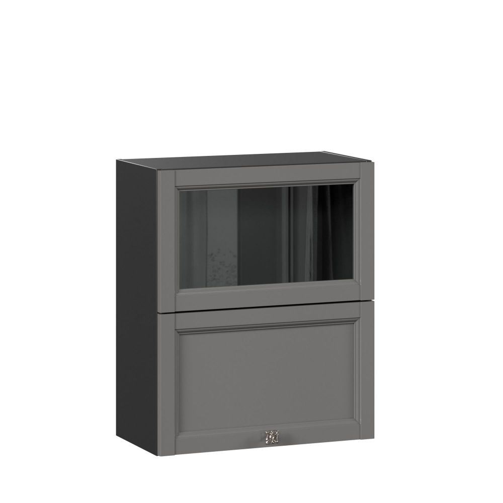 фото Джулия Шкаф кухонный 600 горизонтальный с 2 складными дверями комбинированный со стеклом (Чёрный/Оникс серый)