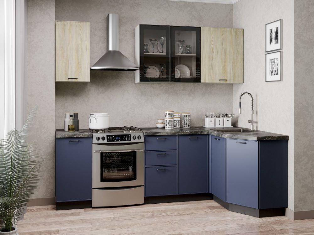 фото Индиго Угловой кухонный гарнитур 2400 (Белый/Дуб мадейра топаз/Темно-синий)