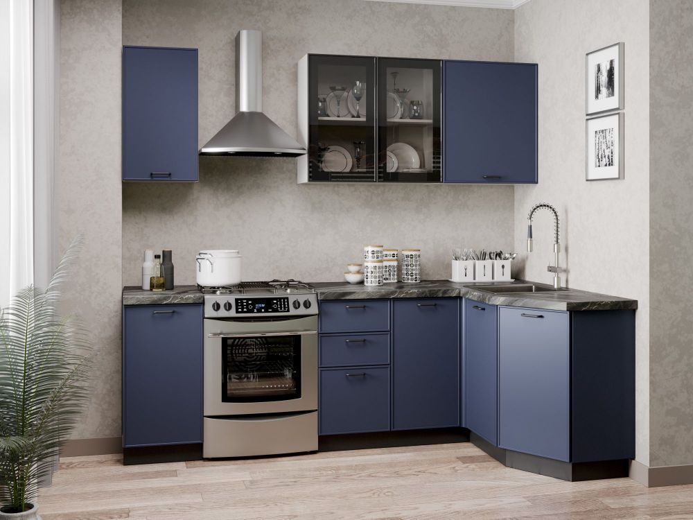 фото Индиго Угловой кухонный гарнитур 2400 (Белый/Темно-синий)