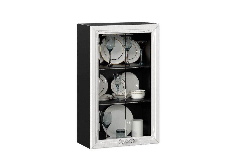 фото Бьянка Шкаф кухонный 600 высокий со стеклом (Чёрный/Дуб фактурный белый)